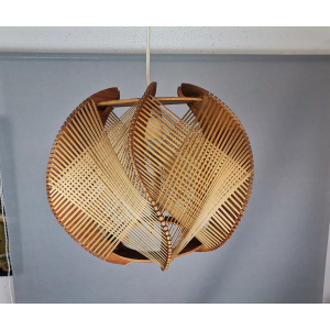 Portuguese mid century wooden wood straw string hanging lamp 1960s