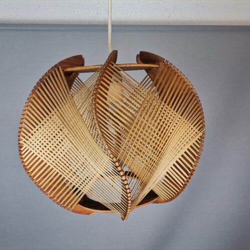 Portuguese mid century wooden wood straw string hanging lamp 1960s