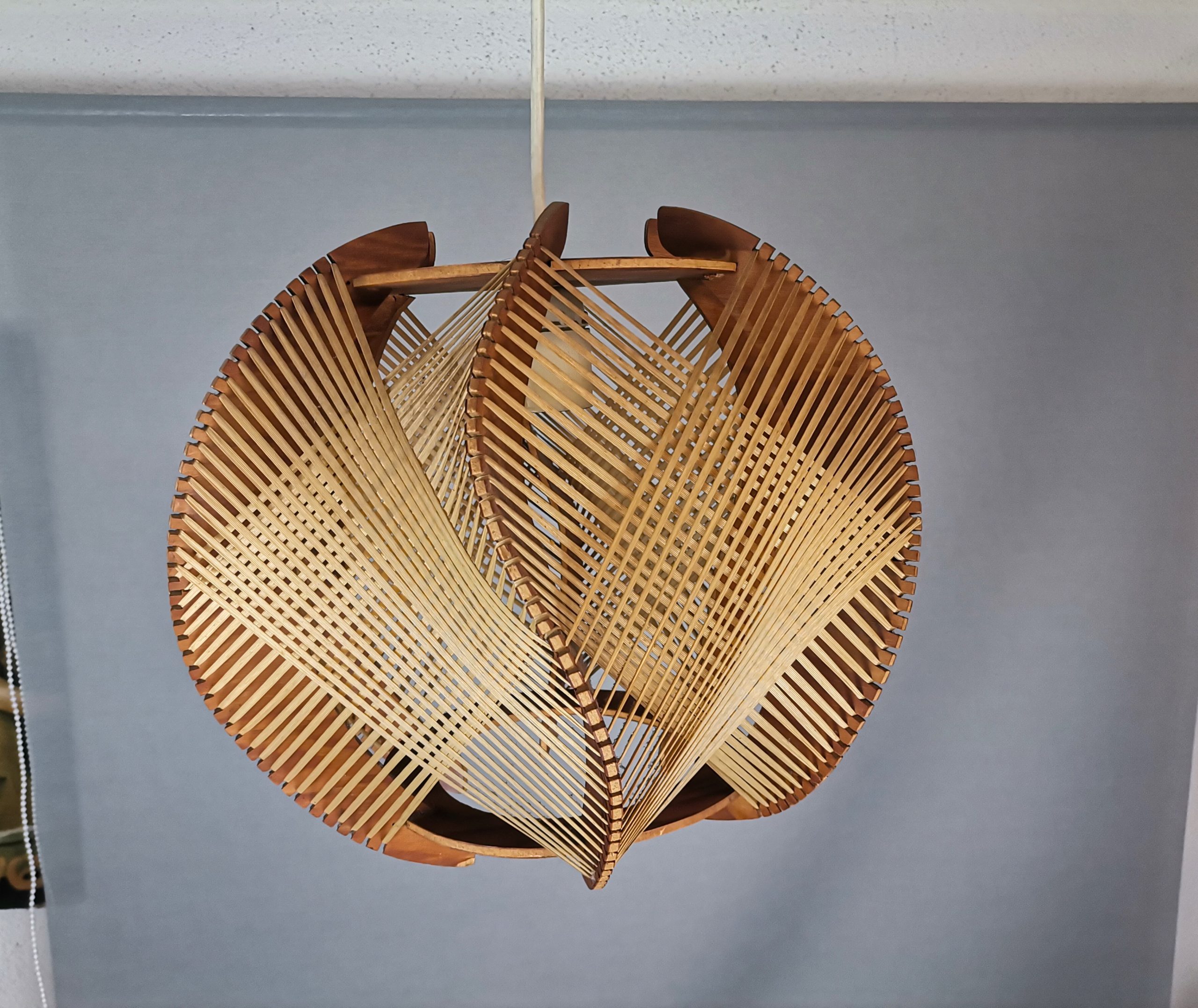 Portuguese mid century wooden wood straw string hanging lamp 1960s