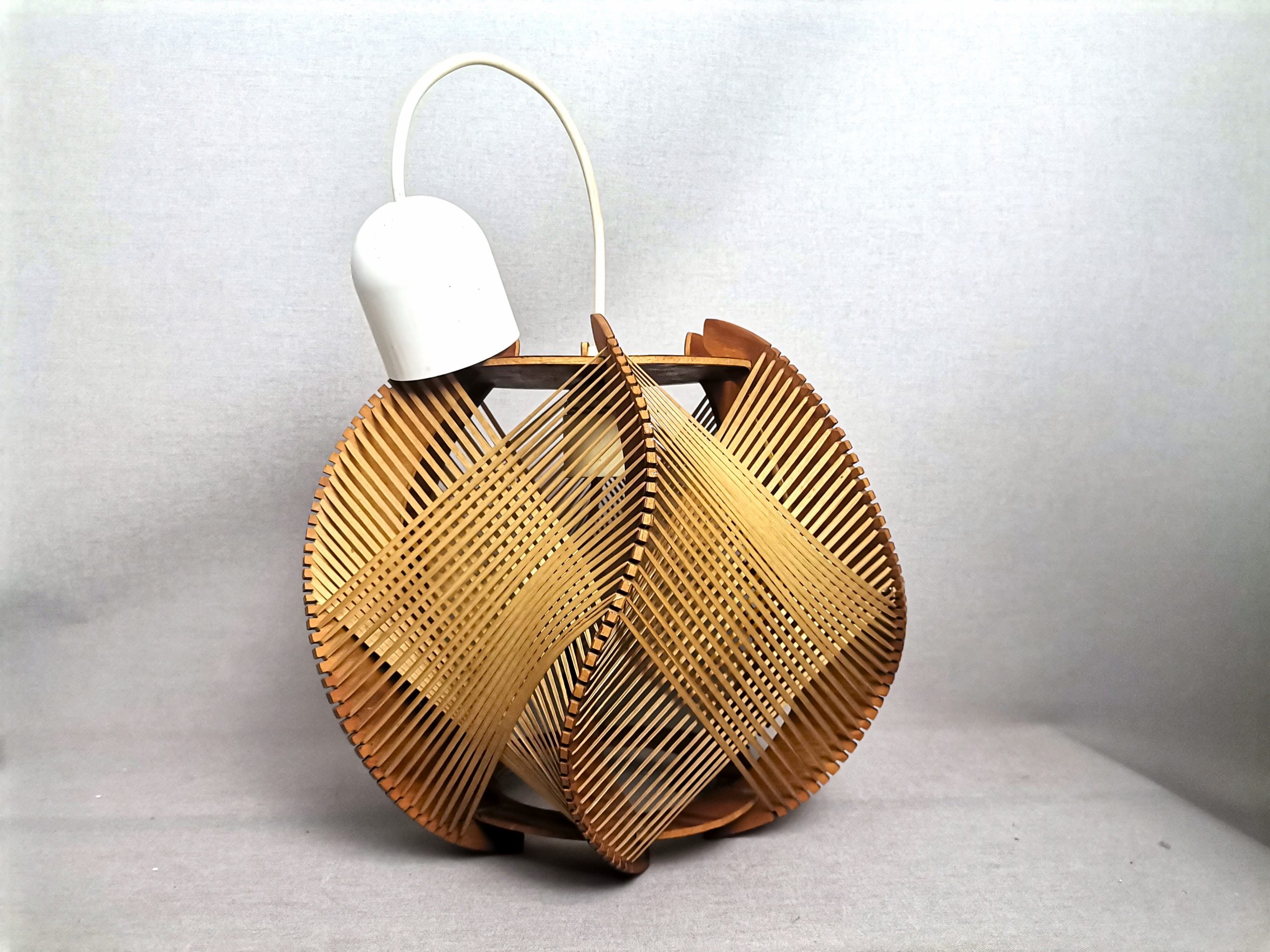 Portuguese mid century wooden wood straw string hanging lamp 1960s