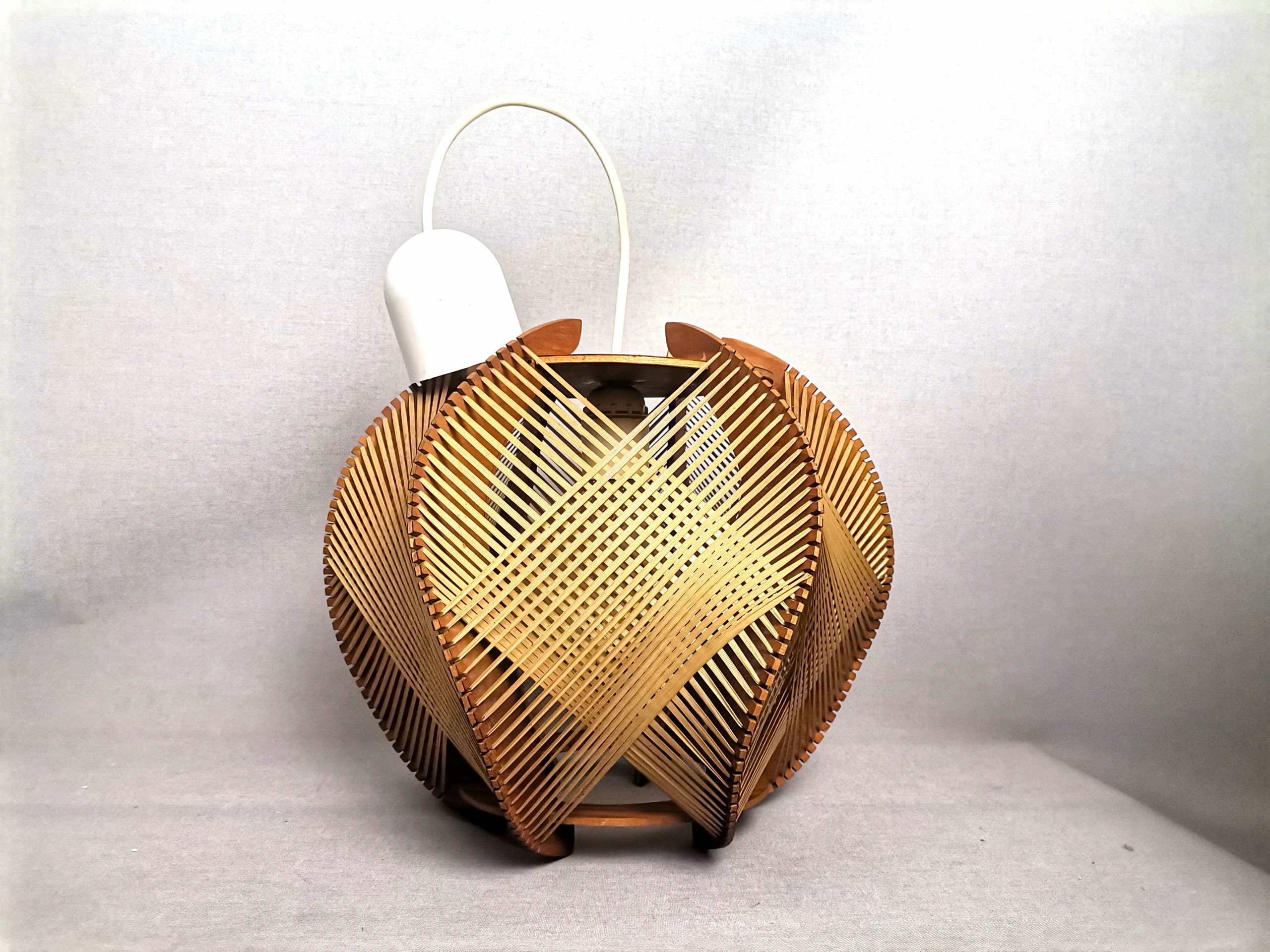 Portuguese mid century wooden wood straw string hanging lamp 1960s