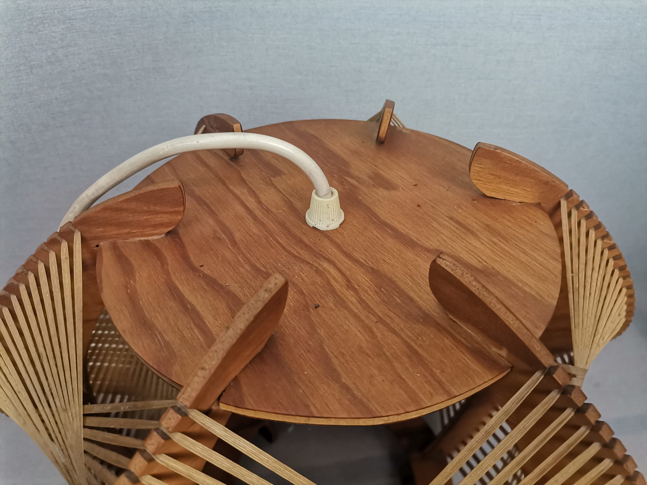 Portuguese mid century wooden wood straw string hanging lamp 1960s
