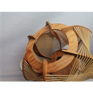 Portuguese mid century wooden wood straw string hanging lamp 1960s