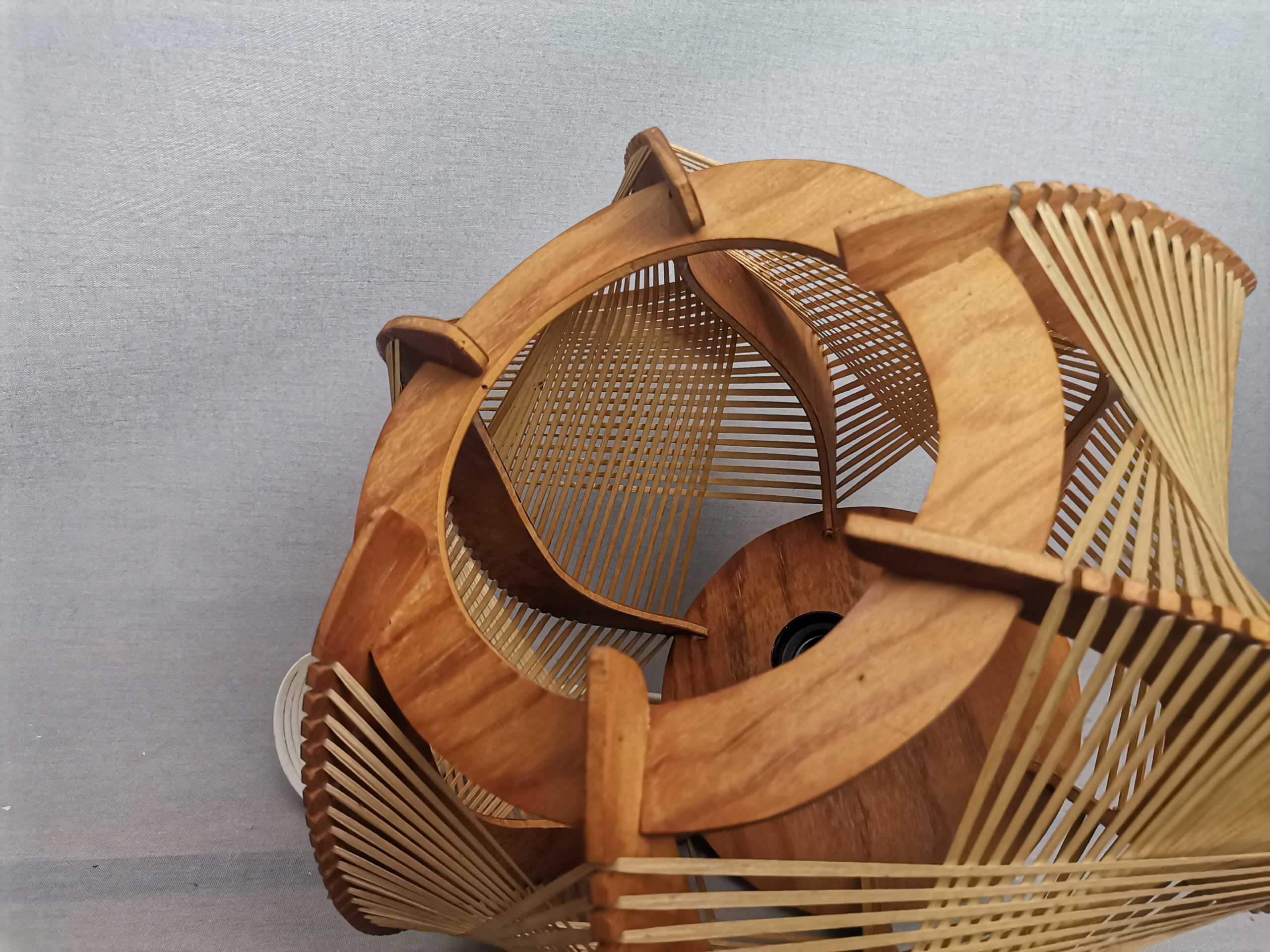 Portuguese mid century wooden wood straw string hanging lamp 1960s