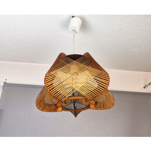 Brown plywood and straw spiderweb mid century rustic hanging lamp 1960s