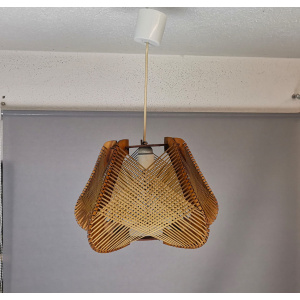 Brown plywood and straw spiderweb mid century rustic hanging lamp 1960s