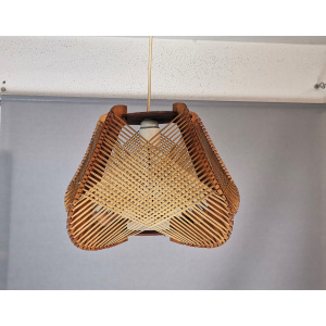 Brown plywood and straw spiderweb mid century rustic hanging lamp 1960s