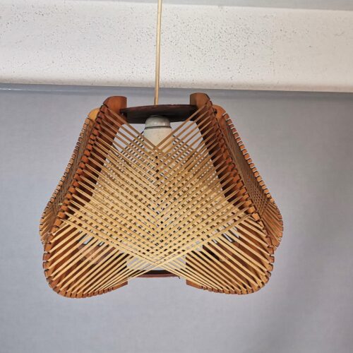 Brown plywood and straw spiderweb mid century rustic hanging lamp 1960s