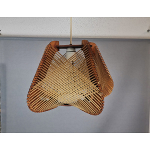 Brown plywood and straw spiderweb mid century rustic hanging lamp 1960s