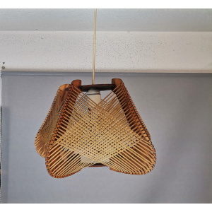Brown plywood and straw spiderweb mid century rustic hanging lamp 1960s