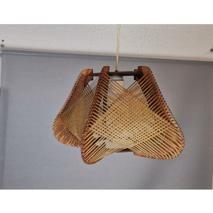 Brown plywood and straw spiderweb mid century rustic hanging lamp 1960s