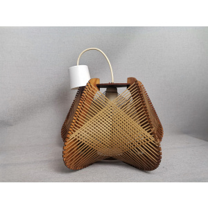 Brown plywood and straw spiderweb mid century rustic hanging lamp 1960s