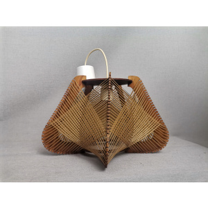 Brown plywood and straw spiderweb mid century rustic hanging lamp 1960s