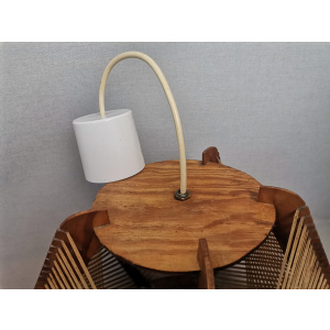 Brown plywood and straw spiderweb mid century rustic hanging lamp 1960s