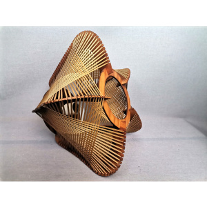 Brown plywood and straw spiderweb mid century rustic hanging lamp 1960s