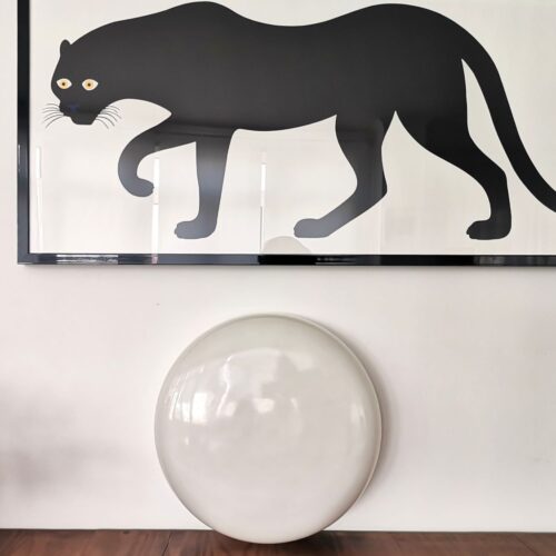 Large Italian glossy white acrylic minimalist pill flush mount ceiling fixture lamp. 1960s