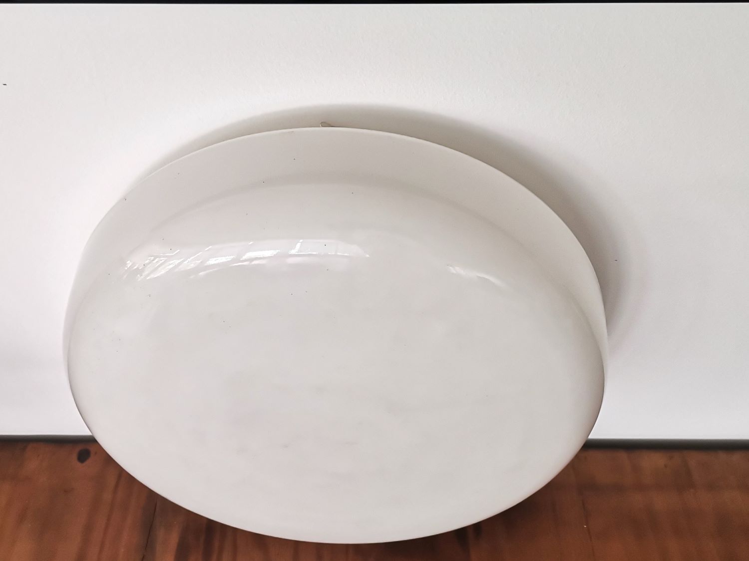 Large Italian glossy white acrylic minimalist pill flush mount ceiling fixture lamp. 1960s
