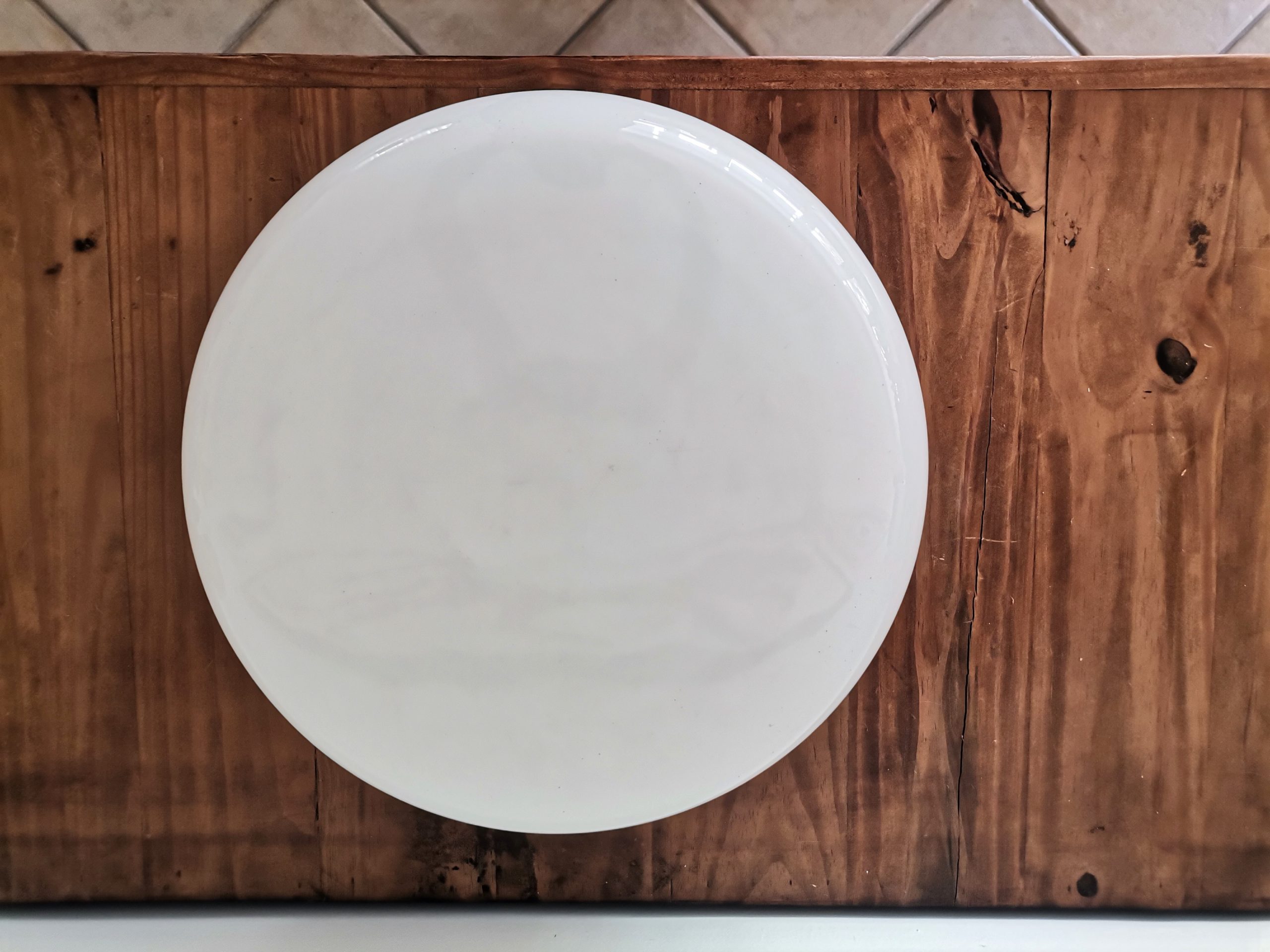 Large Italian glossy white acrylic minimalist pill flush mount ceiling fixture lamp. 1960s