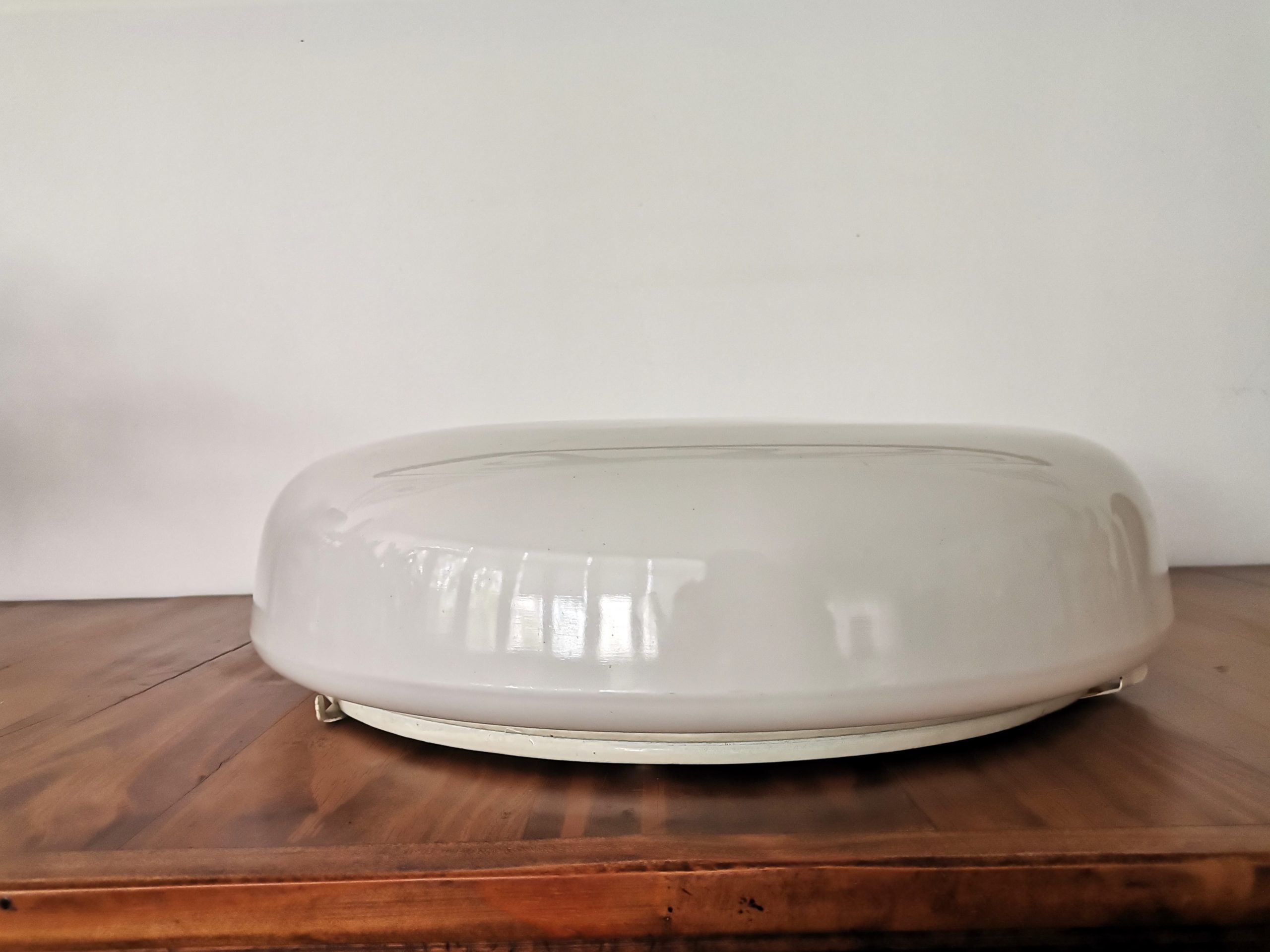 Large Italian glossy white acrylic minimalist pill flush mount ceiling fixture lamp. 1960s