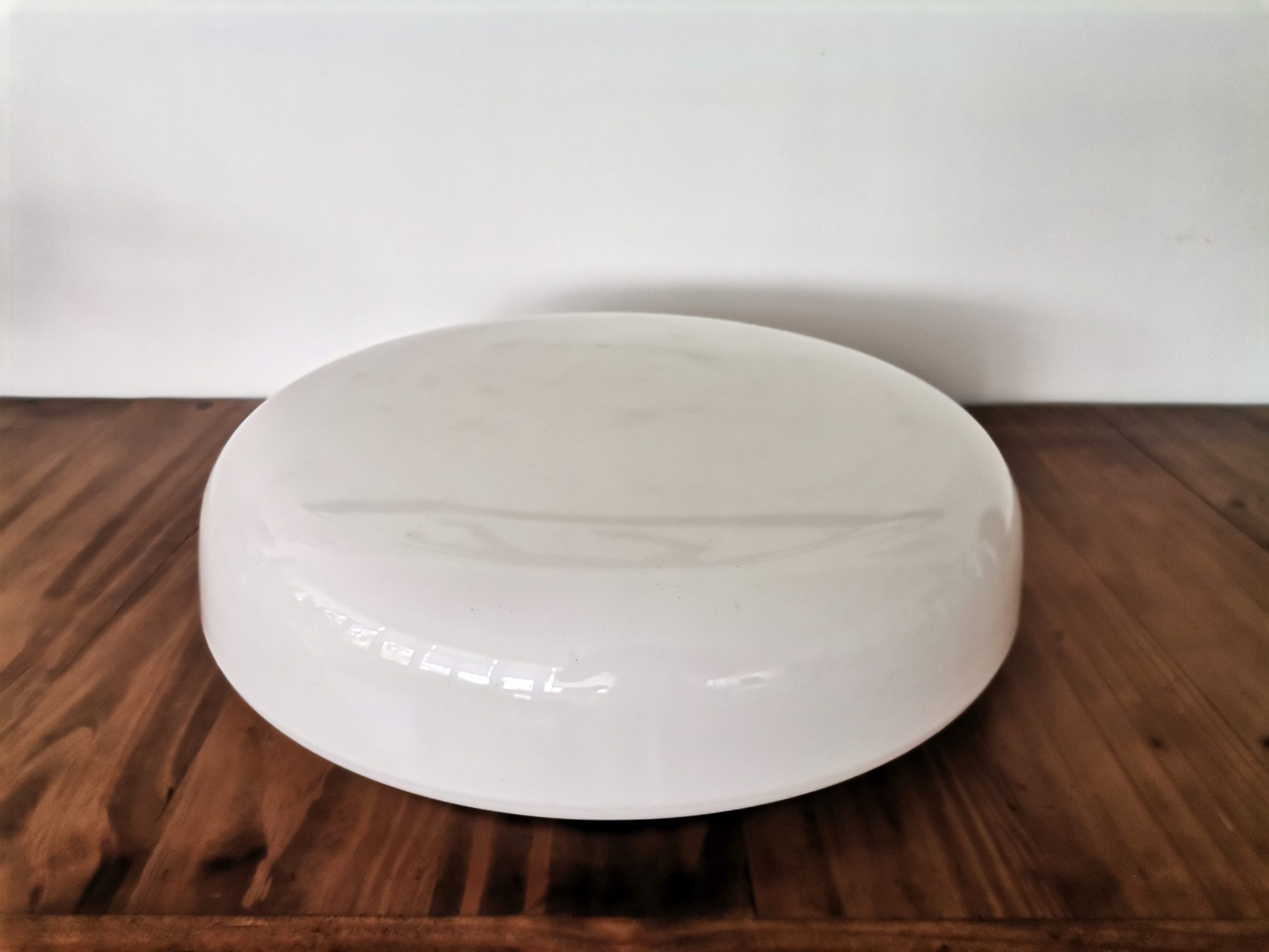 Large Italian glossy white acrylic minimalist pill flush mount ceiling fixture lamp. 1960s