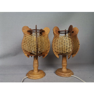 Portuguese mid century farmhouse wooden wood straw table lamps, SET of 2, 1960s