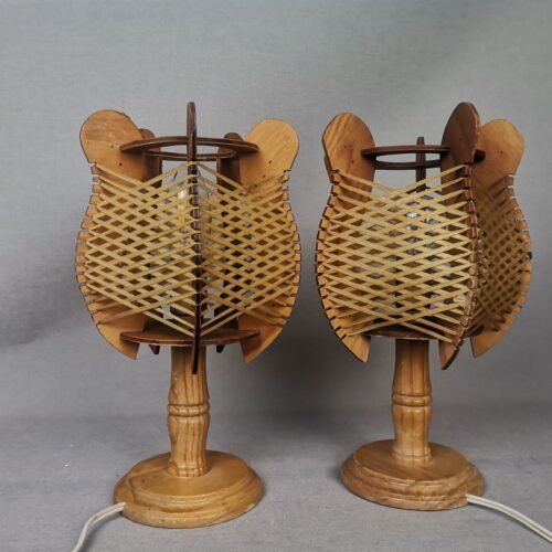 Portuguese mid century farmhouse wooden wood straw table lamps, SET of 2, 1960s