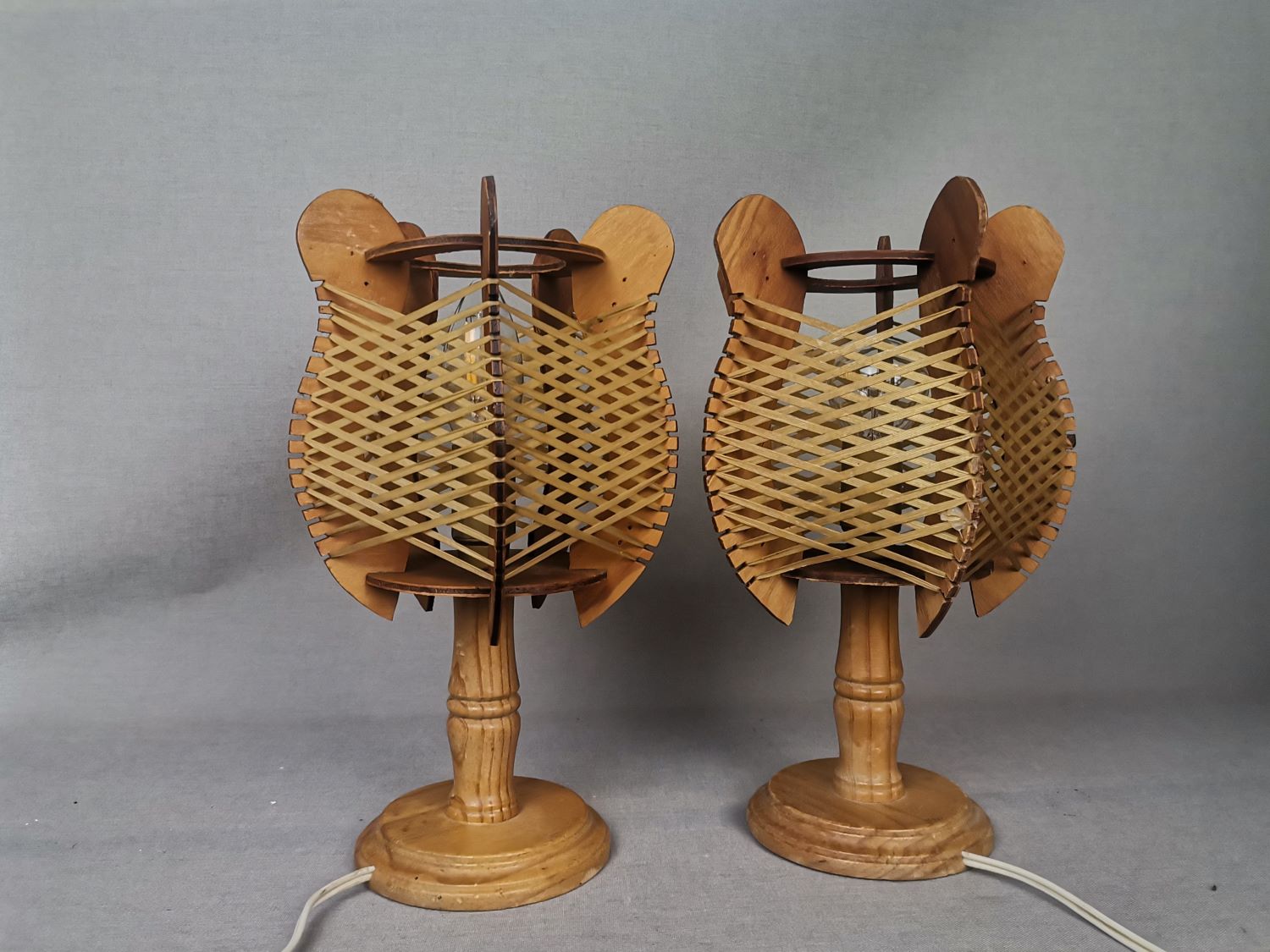 Portuguese mid century farmhouse wooden wood straw table lamps, SET of 2, 1960s