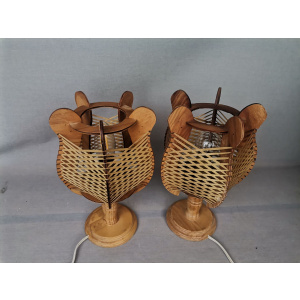 Portuguese mid century farmhouse wooden wood straw table lamps, SET of 2, 1960s