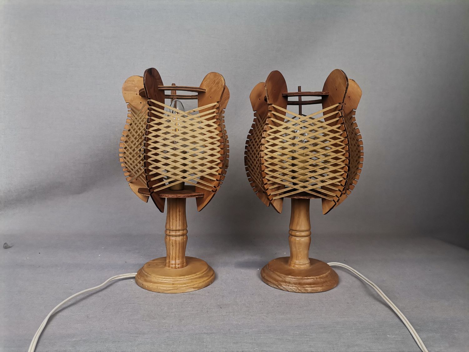 Portuguese mid century farmhouse wooden wood straw table lamps, SET of 2, 1960s