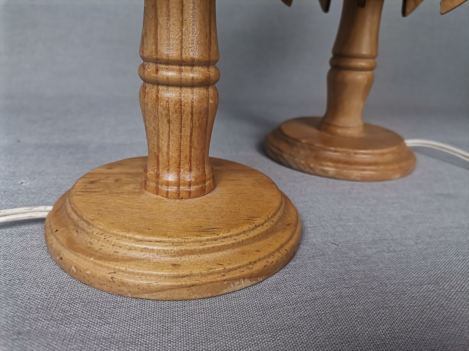 Portuguese mid century farmhouse wooden wood straw table lamps, SET of 2, 1960s