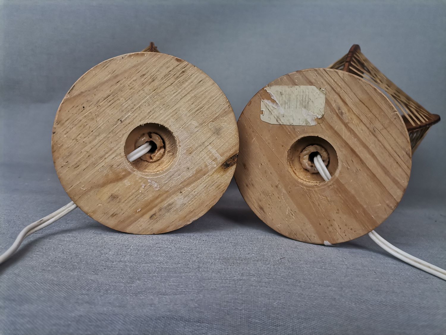 Portuguese mid century farmhouse wooden wood straw table lamps, SET of 2, 1960s