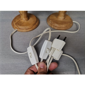 Portuguese mid century farmhouse wooden wood straw table lamps, SET of 2, 1960s