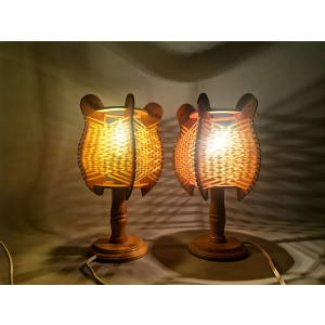 Portuguese mid century farmhouse wooden wood straw table lamps, SET of 2, 1960s