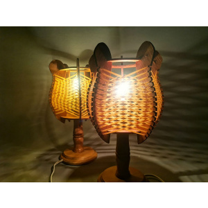 Portuguese mid century farmhouse wooden wood straw table lamps, SET of 2, 1960s
