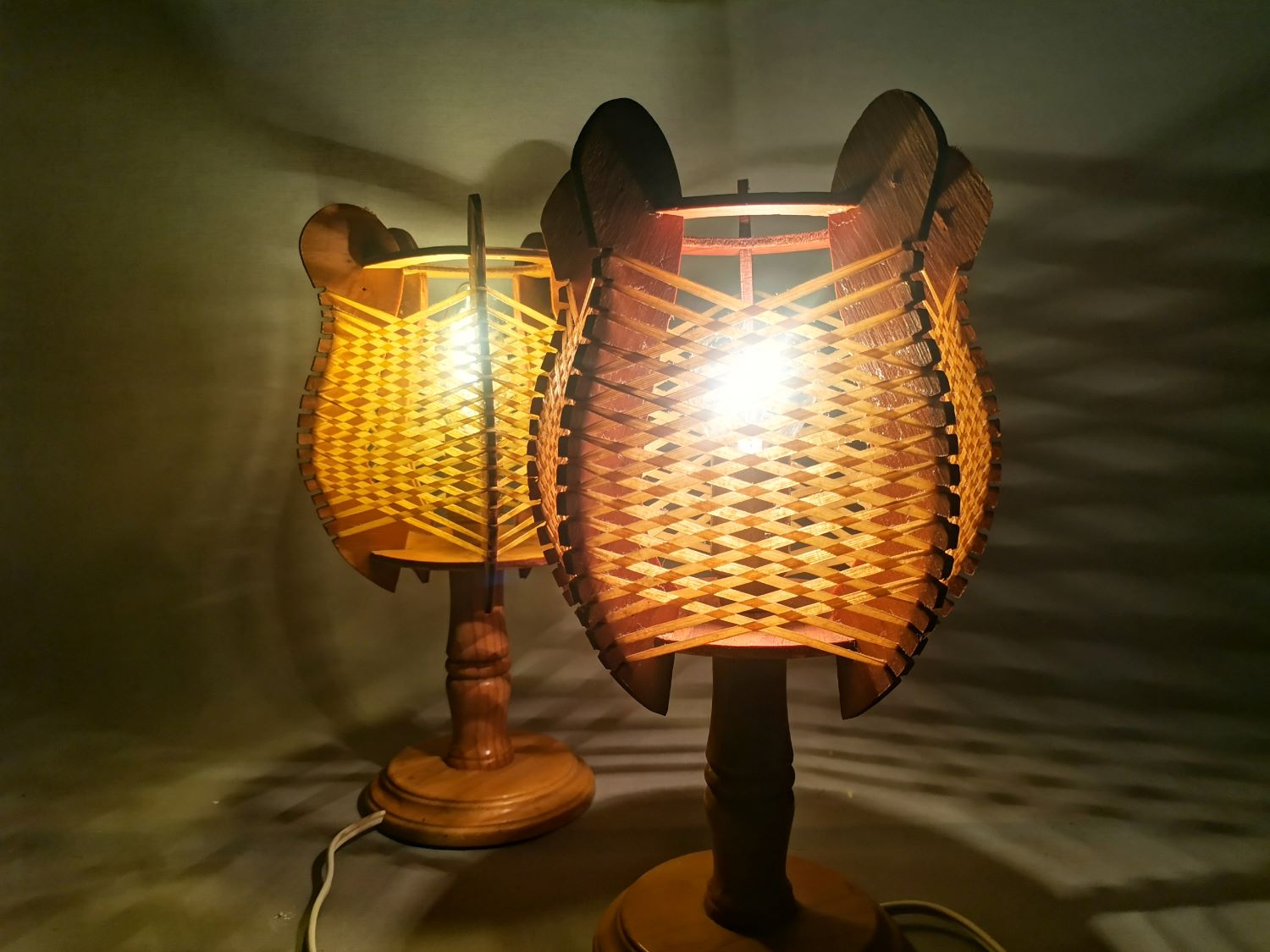 Portuguese mid century farmhouse wooden wood straw table lamps, SET of 2, 1960s
