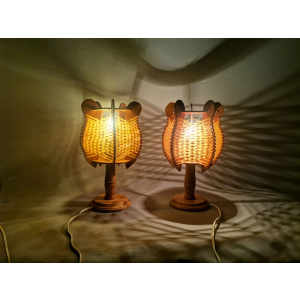 Portuguese mid century farmhouse wooden wood straw table lamps, SET of 2, 1960s