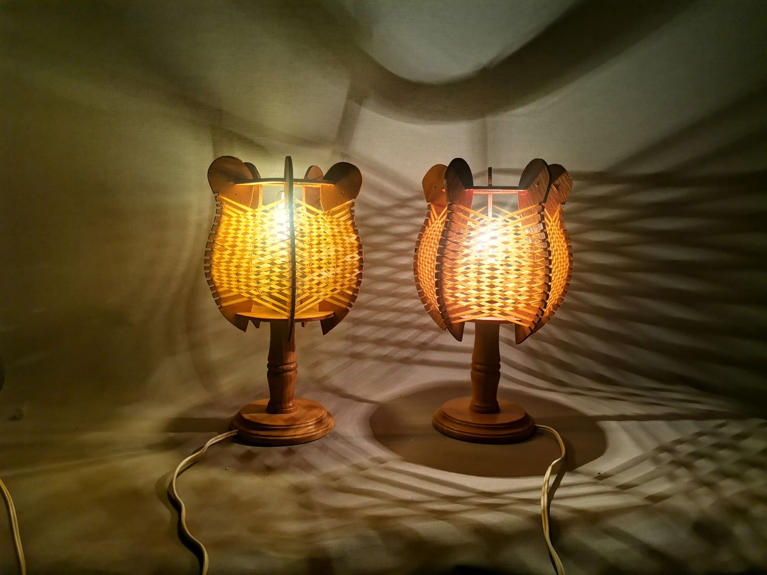 Portuguese mid century farmhouse wooden wood straw table lamps, SET of 2, 1960s