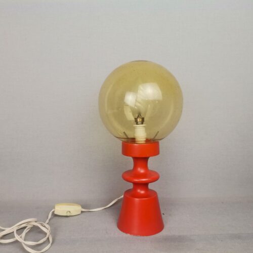 Mid-Century Portuguese Modern Orange Wood & Amber Bubble Glass Table Lamp, 1960s