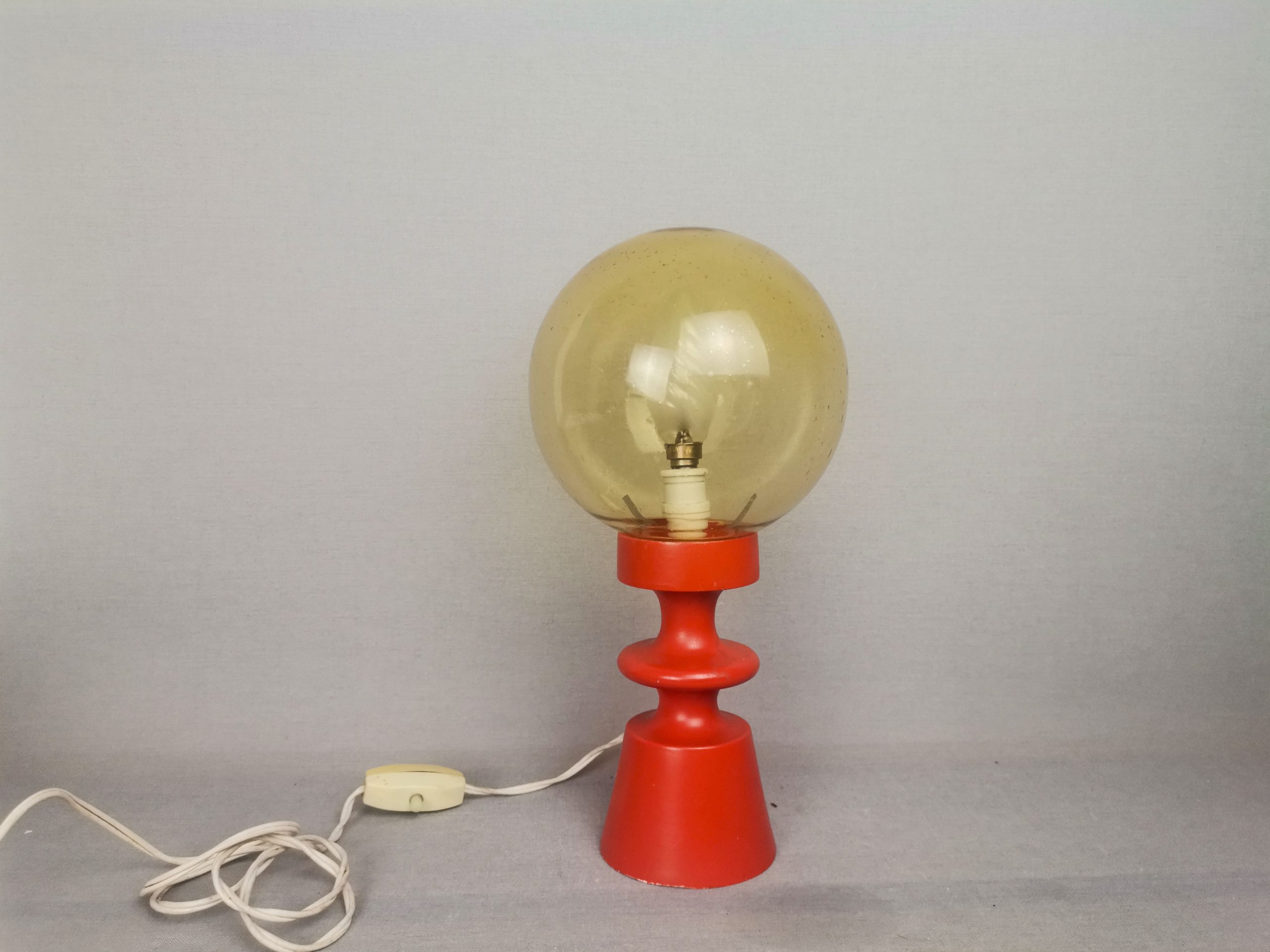 Mid-Century Portuguese Modern Orange Wood & Amber Bubble Glass Table Lamp, 1960s