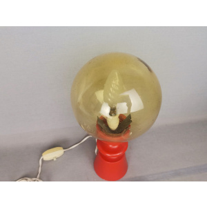 Mid-Century Portuguese Modern Orange Wood & Amber Bubble Glass Table Lamp, 1960s