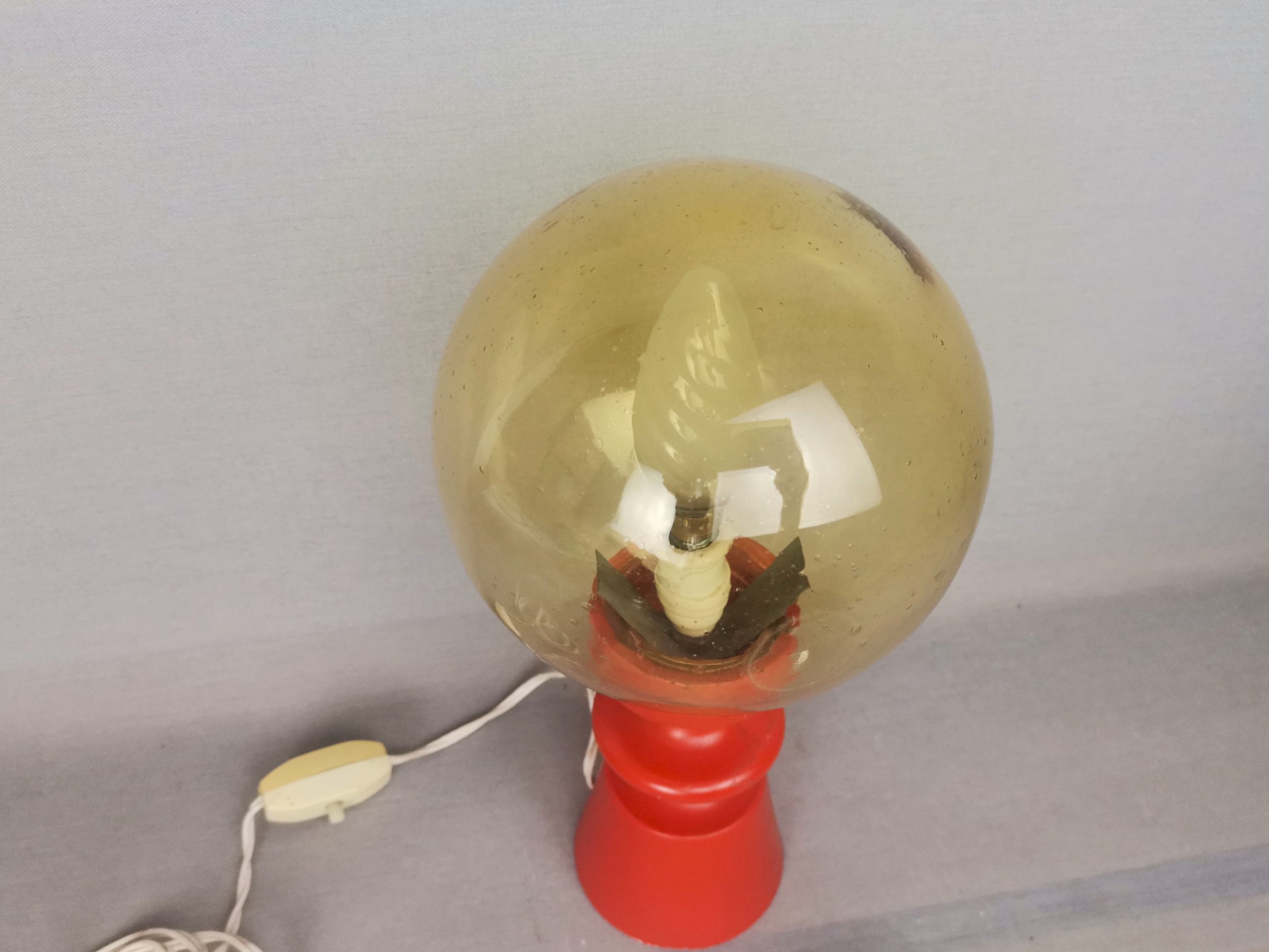 Mid-Century Portuguese Modern Orange Wood & Amber Bubble Glass Table Lamp, 1960s
