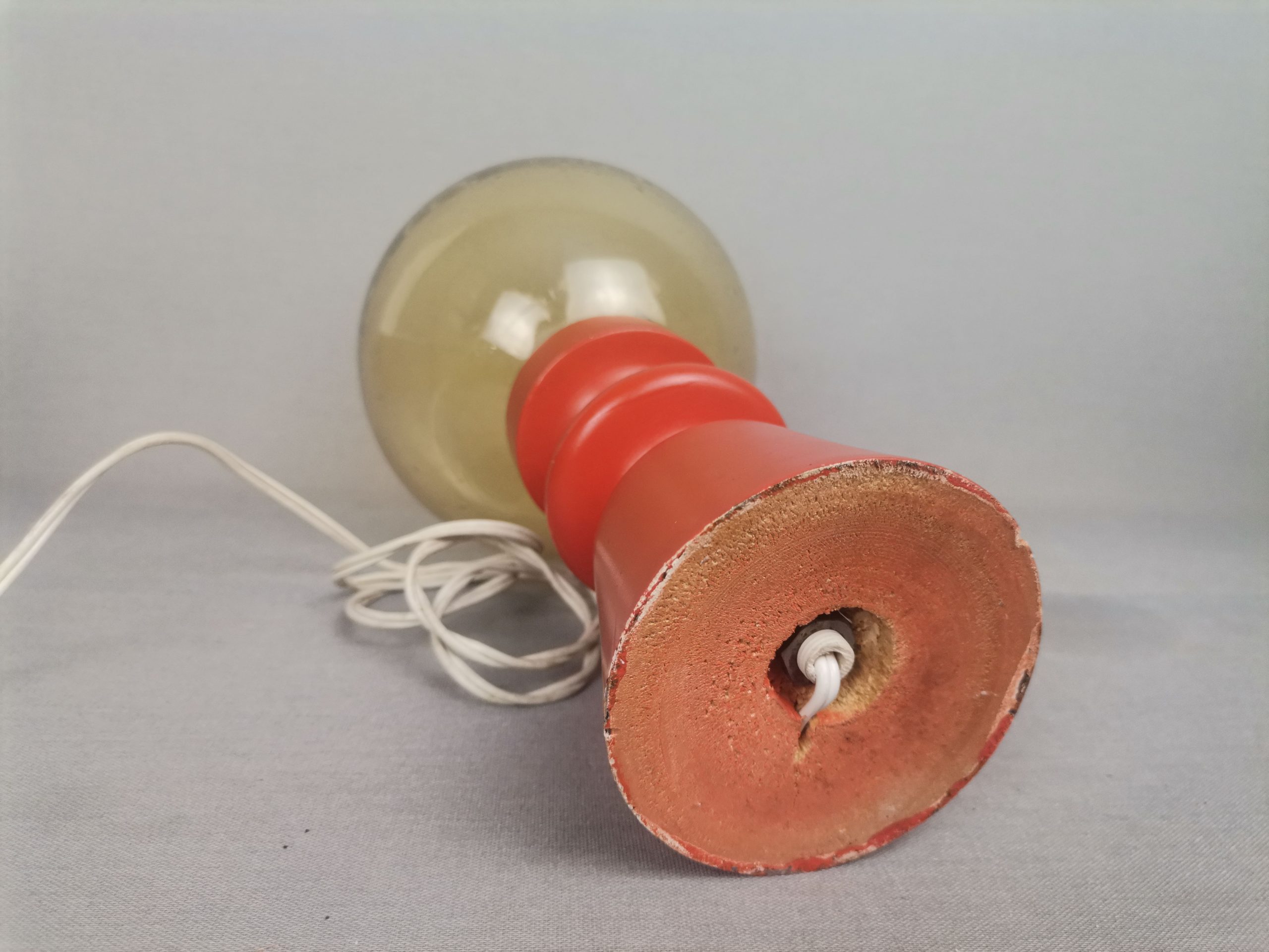 Mid-Century Portuguese Modern Orange Wood & Amber Bubble Glass Table Lamp, 1960s