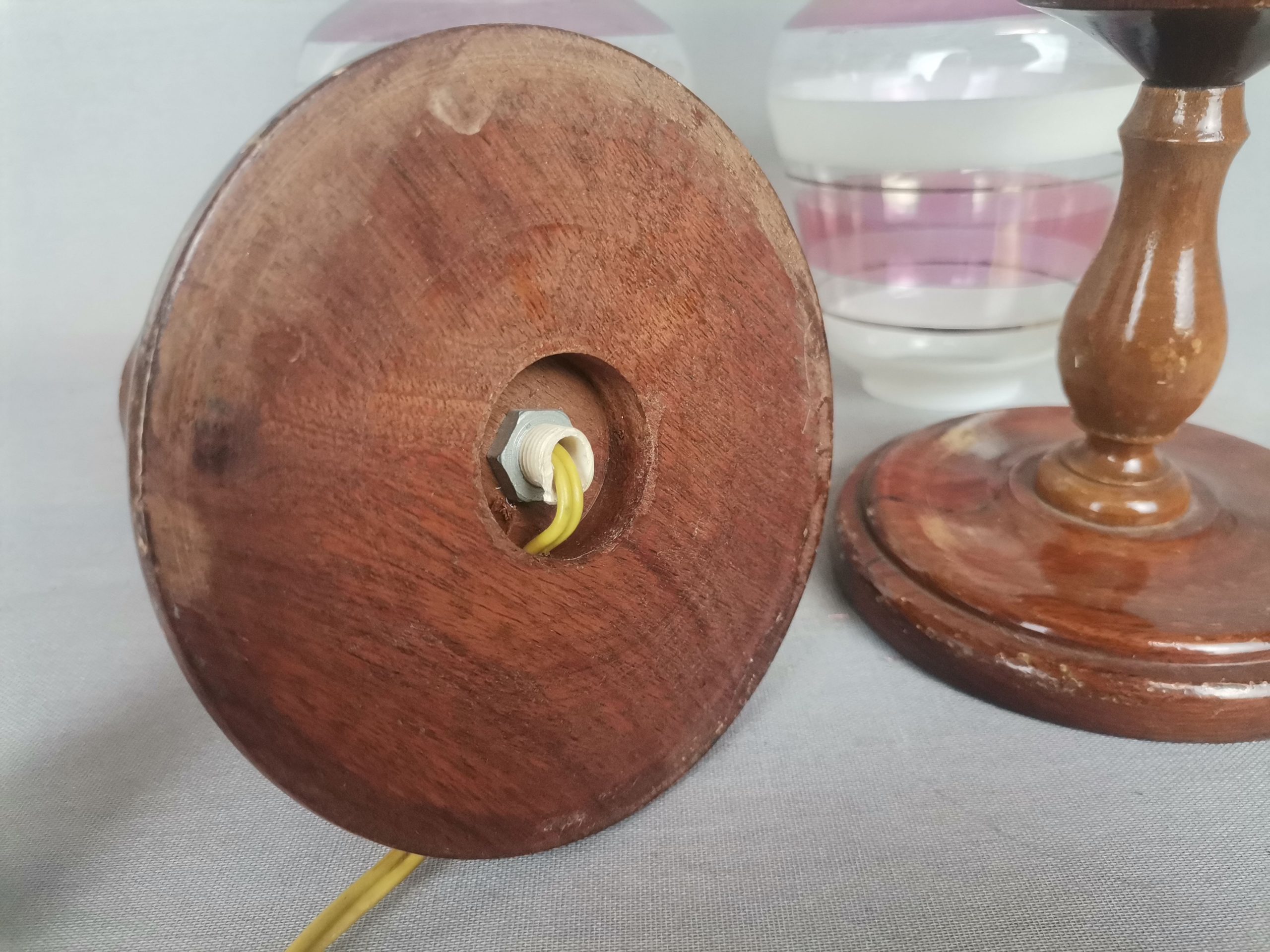 Portuguese Farmhouse rustic wooden table lamps with torch glass shades, 1970s, Set of 2