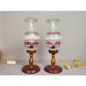 Portuguese Farmhouse rustic wooden table lamps with torch glass shades, 1970s, Set of 2