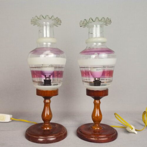 Portuguese Farmhouse rustic wooden table lamps with torch glass shades, 1970s, Set of 2