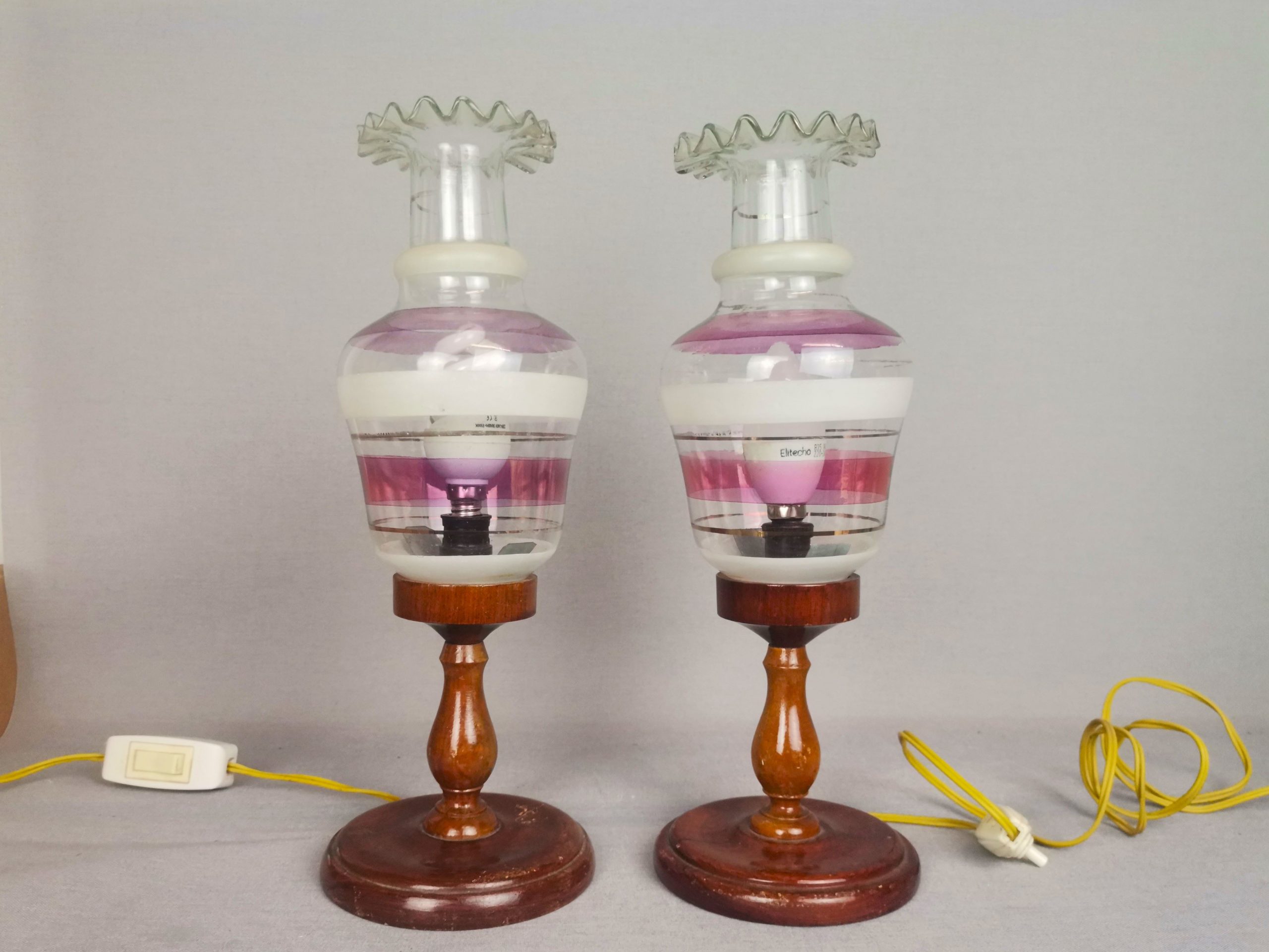 Portuguese Farmhouse rustic wooden table lamps with torch glass shades, 1970s, Set of 2