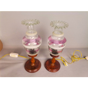 Portuguese Farmhouse rustic wooden table lamps with torch glass shades, 1970s, Set of 2