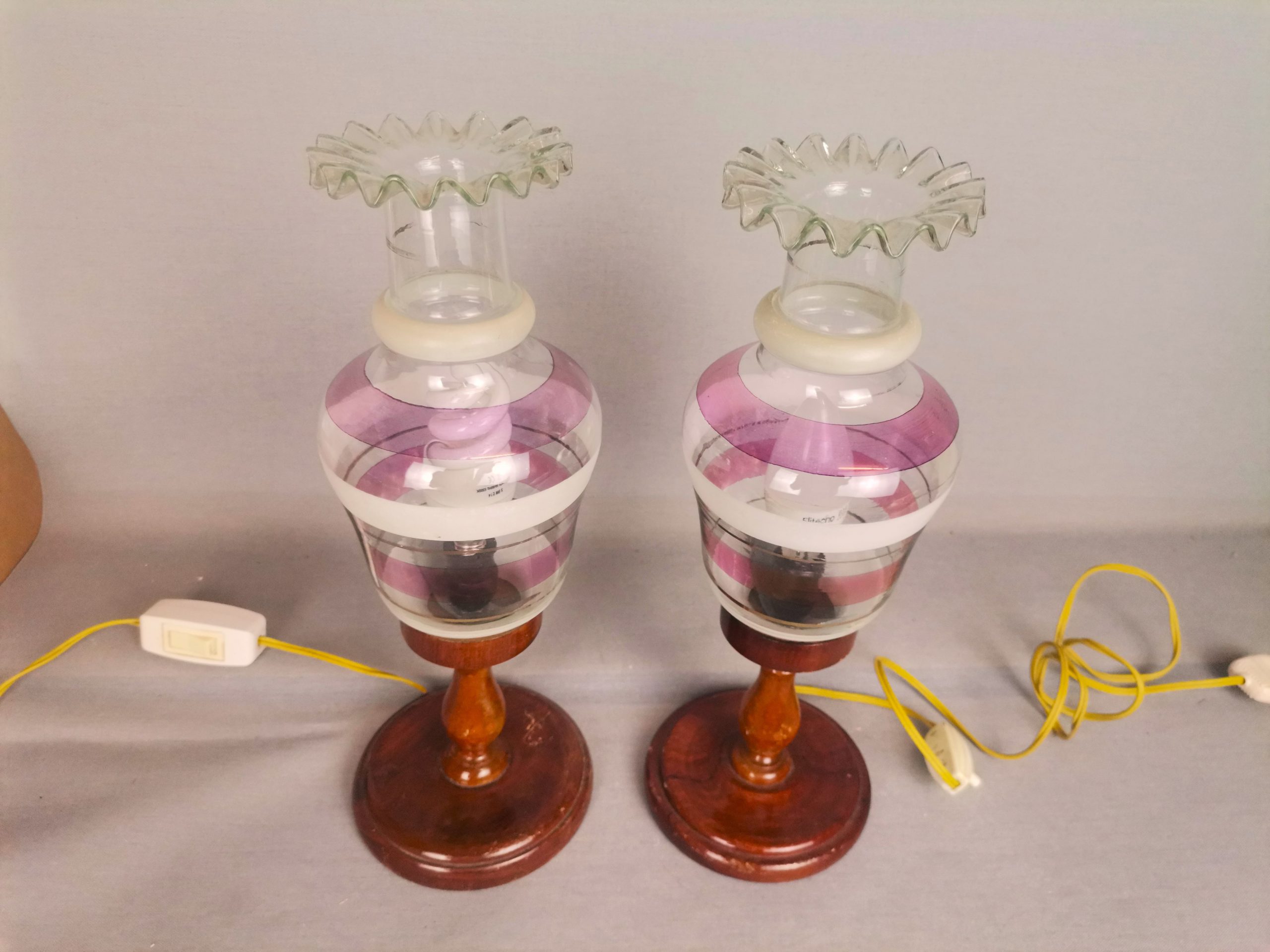 Portuguese Farmhouse rustic wooden table lamps with torch glass shades, 1970s, Set of 2