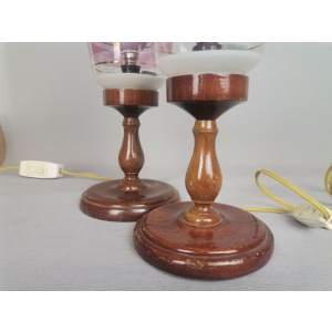 Portuguese Farmhouse rustic wooden table lamps with torch glass shades, 1970s, Set of 2