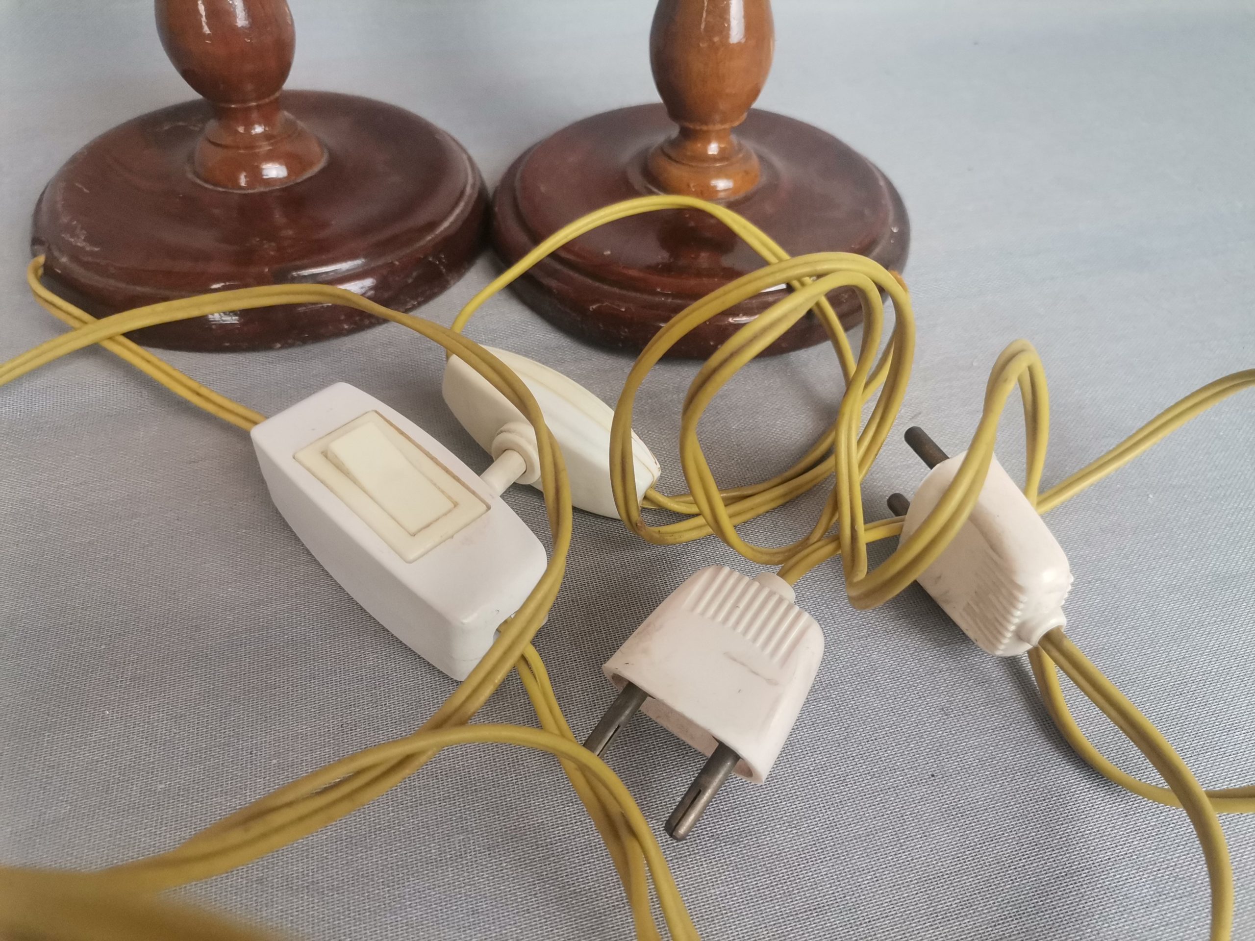 Portuguese Farmhouse rustic wooden table lamps with torch glass shades, 1970s, Set of 2